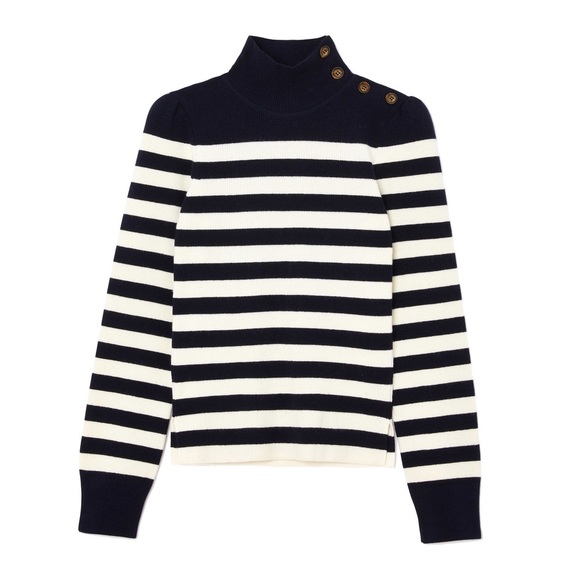 Goop G. LABEL Mindy Cashmere Wool Striped Turtleneck Sweater in Navy Cream - Picture 11 of 17